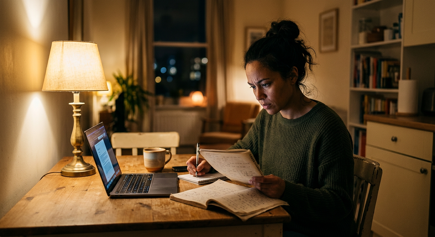 A person studying at a kitchen table at night, notebook and laptop open