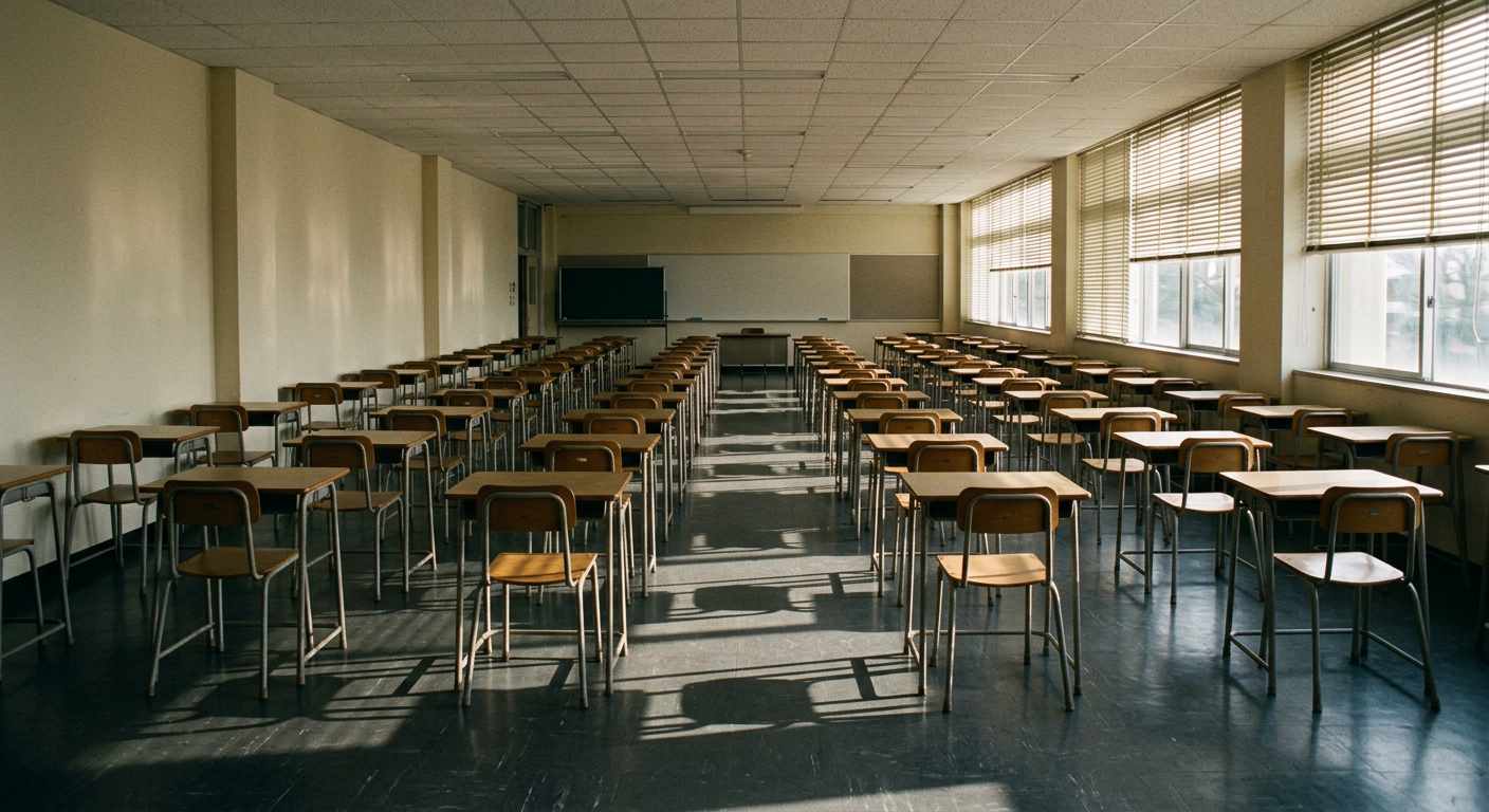 An empty, quiet exam room with rows of desks